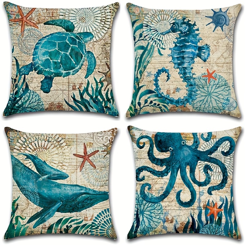 

4-pack Coastal Style Throw Pillow Covers, Nautical Theme Square Cotton Linen Cushion Covers, 18 X 18 Inches, Sea Creature Designs For Home Sofa Decor