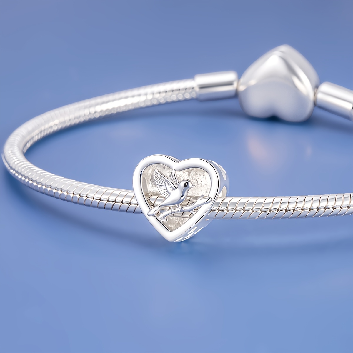 Silvery Plated Copper Heart Bead with Bird-On-Branch Pattern
