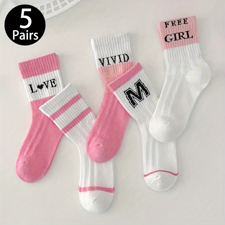 

Letters Pattern 5 Pairs Girls Mid Calf Socks, Comfy Breathable Sweat Resistant Anti-odor Socks For Spring Summer