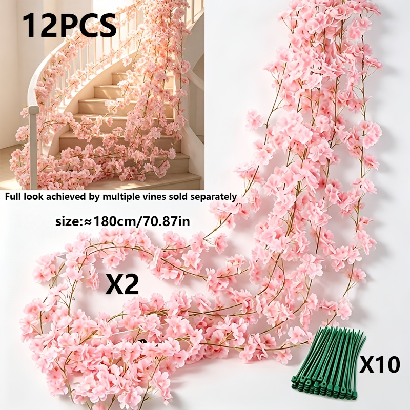 TEMU 1 Set (2 Flowers And 10 Cable Ties), Light Pink Artificial Cherry Vine, Fake Hanging Flower Wreath, Wreath For Wedding Arches, Stairs, Gardens,