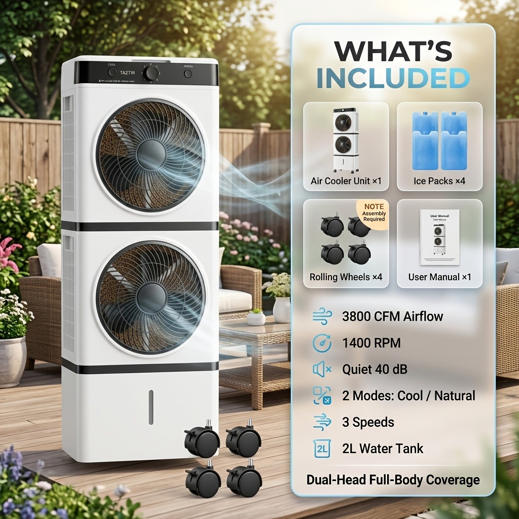TEMU Taztir 3800 Cfm Dual- Cooler, 37.6in Tall Portable Evaporative Fan With 2l Top-fill Water Tank, 1400 Rpm Motor, Quiet 40db, 3 2 , 180° , Packs,