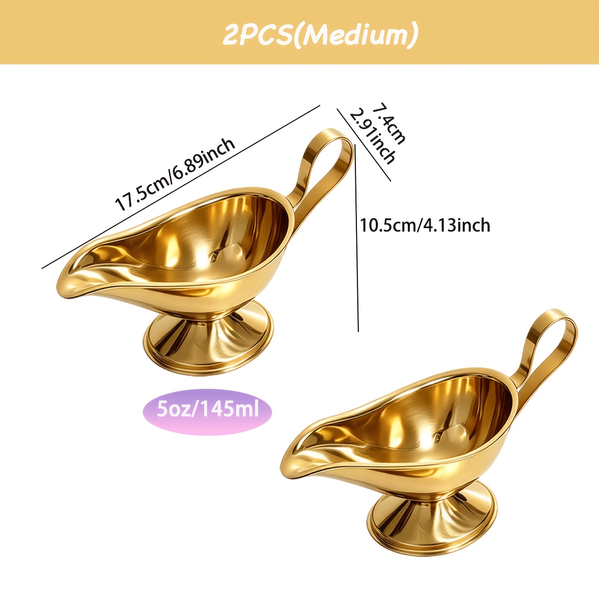 TEMU 2pcs Luxurious Golden Stainless Steel Gravy Boat Set, 3/5/8oz Sauce Boat With Easy-pour Spout And Ergonomic Handle, Serving Dish For Salad