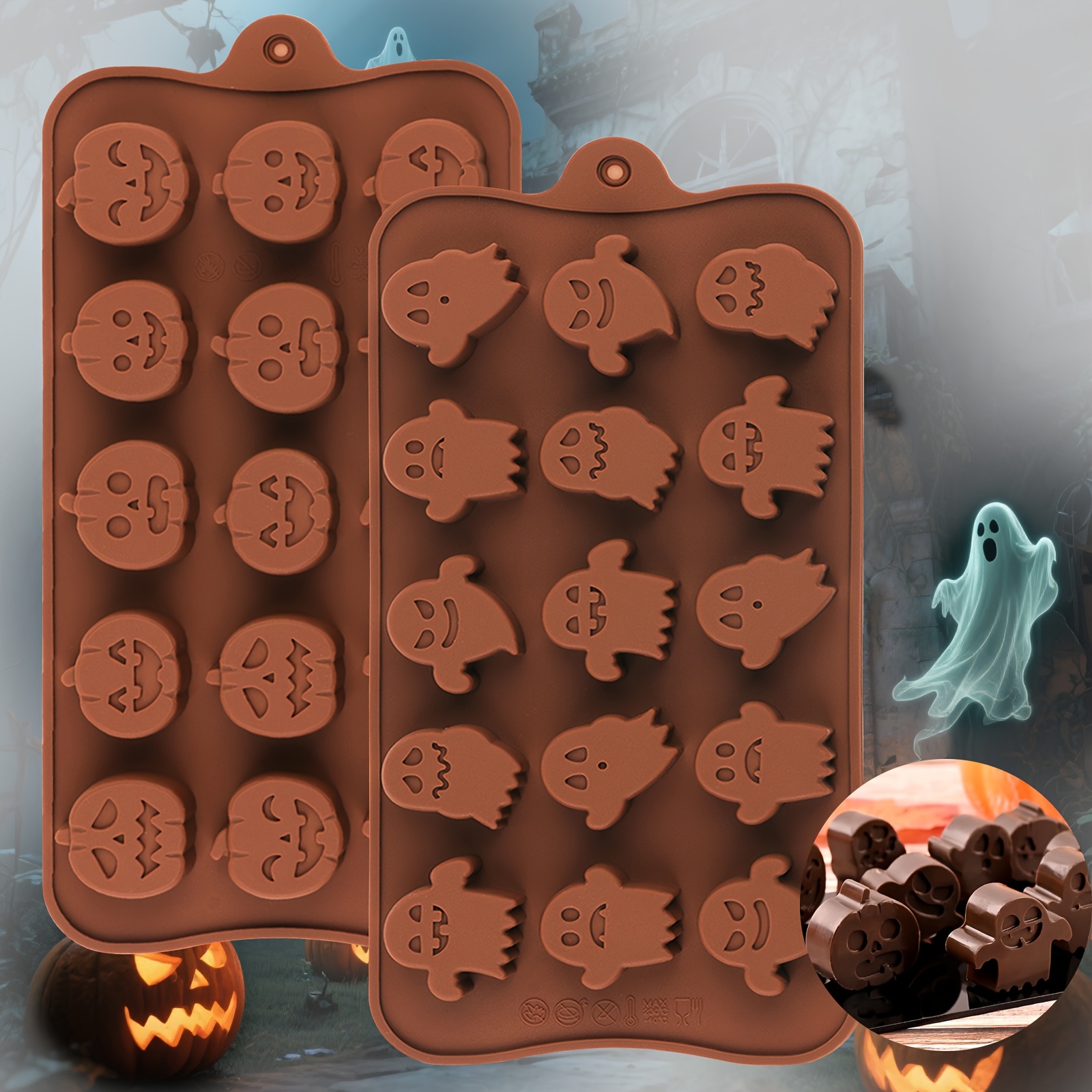2pcs Halloween Chocolate Mold Set, Pumpkin And Shapes, Silicone Chocolate Molds, Candy Molds, For Making Chocolate, Candy, Ice Cubes, Fondant, Cake Decorations, For Baking, 3d Candy Molds