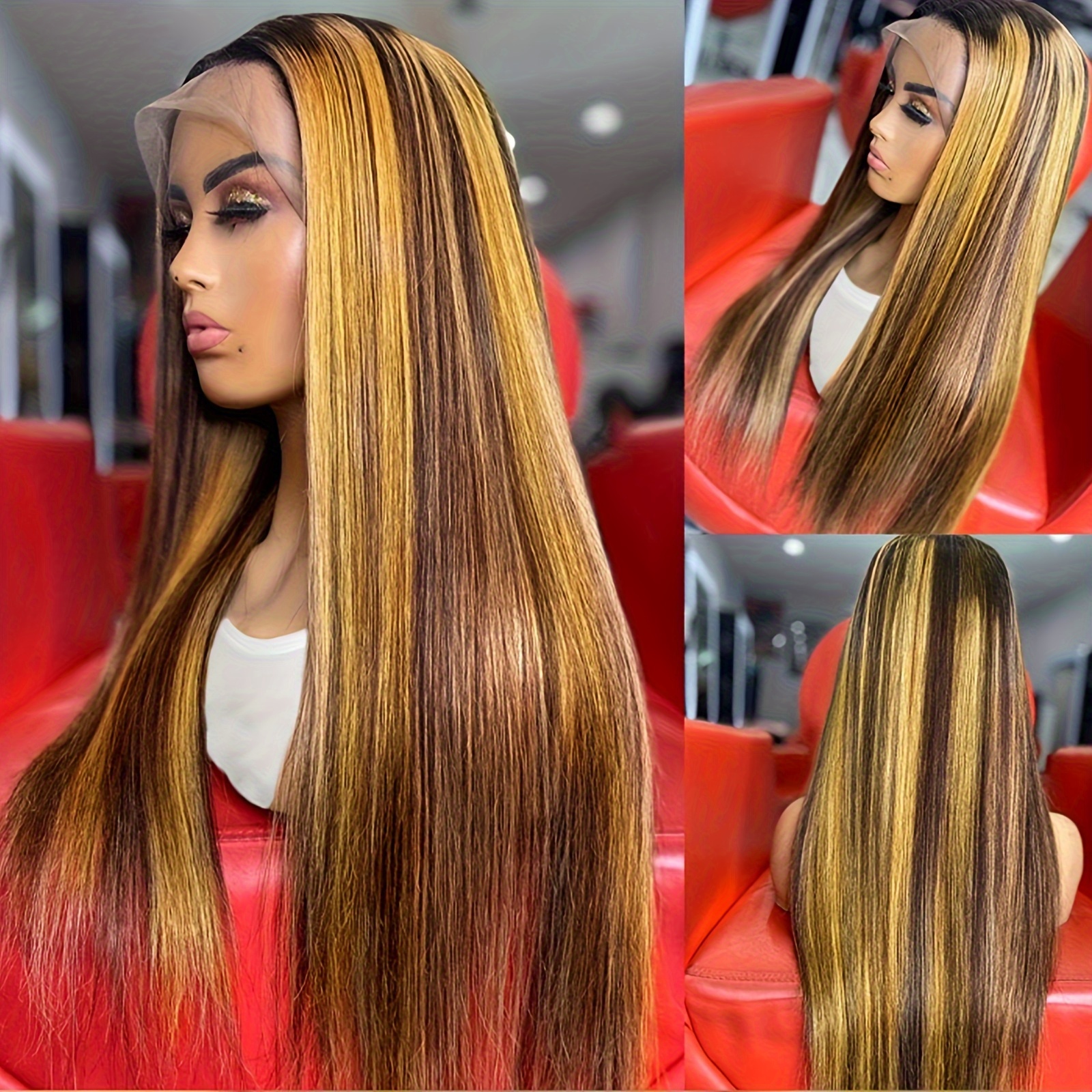 TEMU 13x4 Lace Front Wig Honey Blonde Highlight Wig With Pre-, Heat Resistant Synthetic Long Straight Hair For Women, Elegant Style, 180% Density, Suitable For All Light Beige Tones, Hair Wig