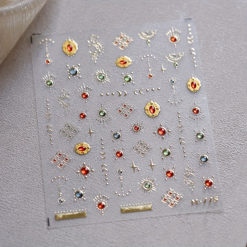 A Set Of Star, Moon, And Sun Nail Art Stickers For In A Baroque Style, Featuring Jelly Nail