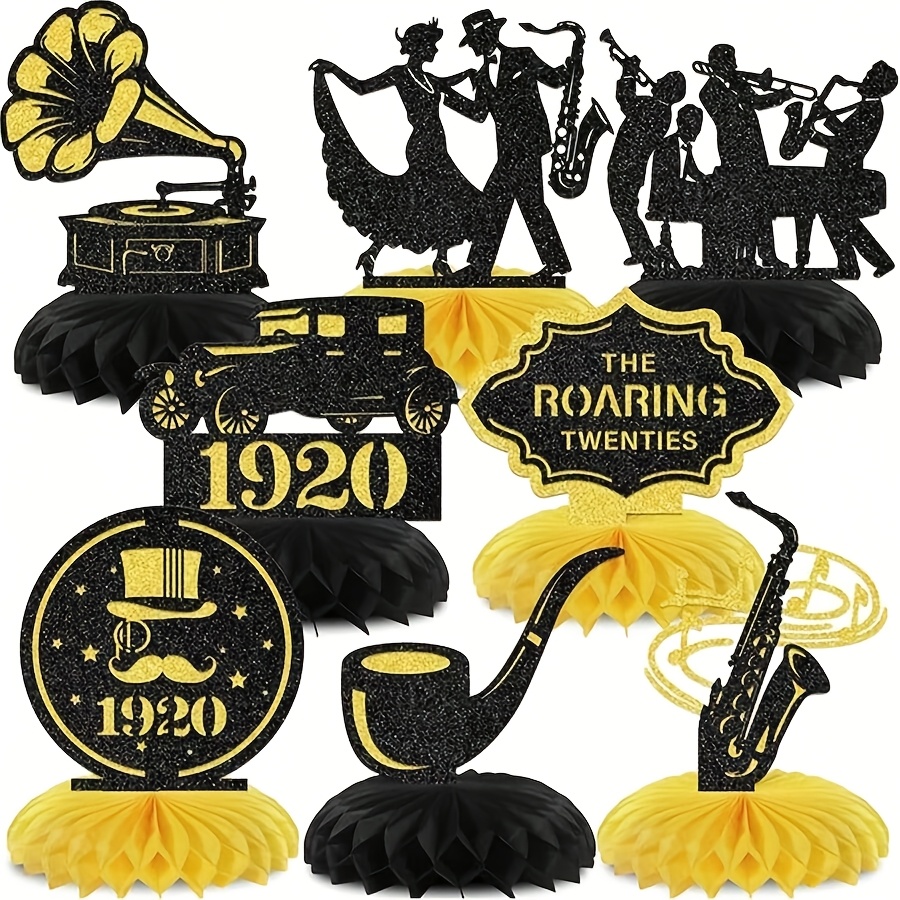 TEMU 8pcs Set Roaring 1920s Party Centerpiece Honeycomb Decorations, 1920s Birthday Speakeasy Vintage Flapper Wedding Party Decor - Party Supplies In