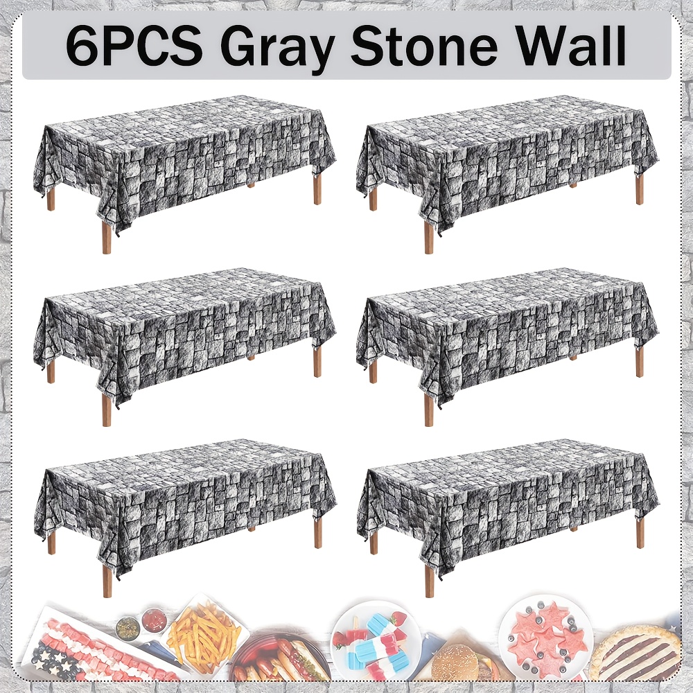 TEMU 6pcs Set Stone Wall Tablecloth With Medieval Castle Knight Theme Party Decoration, 137.16 Cm X 274.32 Cm, Halloween Plastic Tablecloth Suitable