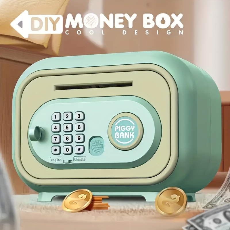 Kids' Cartoon Penny Bank with Fingerprint Lock & Automatic Coin Dispenser - Large Capacity Mint Green/Salmon Pink Educational Money Box, Secure Safe Savings Toy Gift for Children, Playful Design, Financial Education, Fun Savings Box, Sturdy Construction, Financial Learning