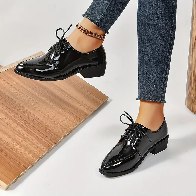 womens solid color chunky heel oxfords fashion lace up point toe dress shoes versatile and comfortable student uniform shoes details 4