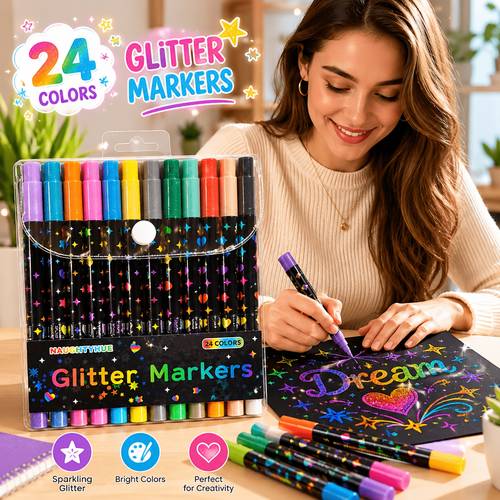 12pcs Random Double-Tip Glitter Pen Set, Glitter Markers, Quick-Drying -Like Ink - Fine Tip to , Suitable for Scrapbooking, Card Making, Journaling, Drawing - Glitter Marker Set, Suitable for Artists and Supplies