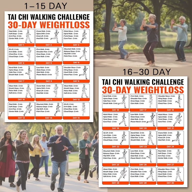 TEMU 2pcs Set 30-day Tai Chi Walking Challenge Fitness Poster, Weight Loss And Burning Fitness Chart, Low- Exercise Method For All Levels, Beginner