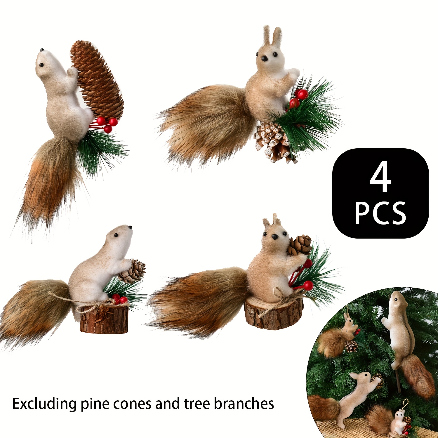 TEMU Set Of 4 Adorable Squirrel Ornaments For Christmas Tree Decoration, Featuring A Simulated Animal Theme. Perfect For Festive Parties, Home Decor,