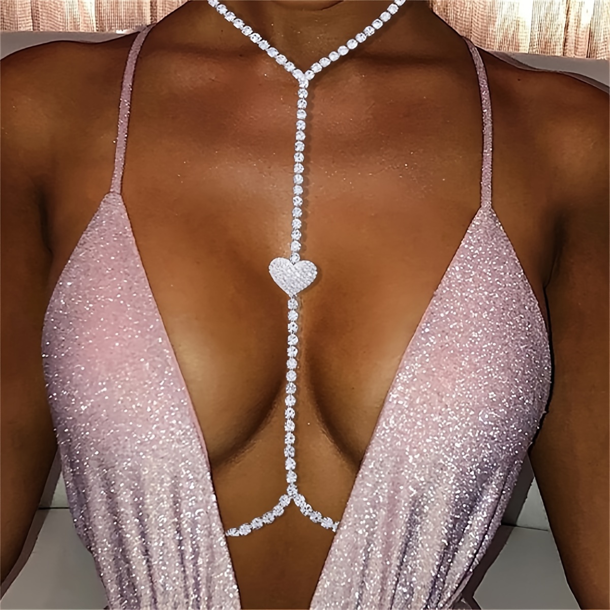 Rhinestone Heart Bra Chain Beach Chest Jewelry Crystal Waist Belly Body  Chain