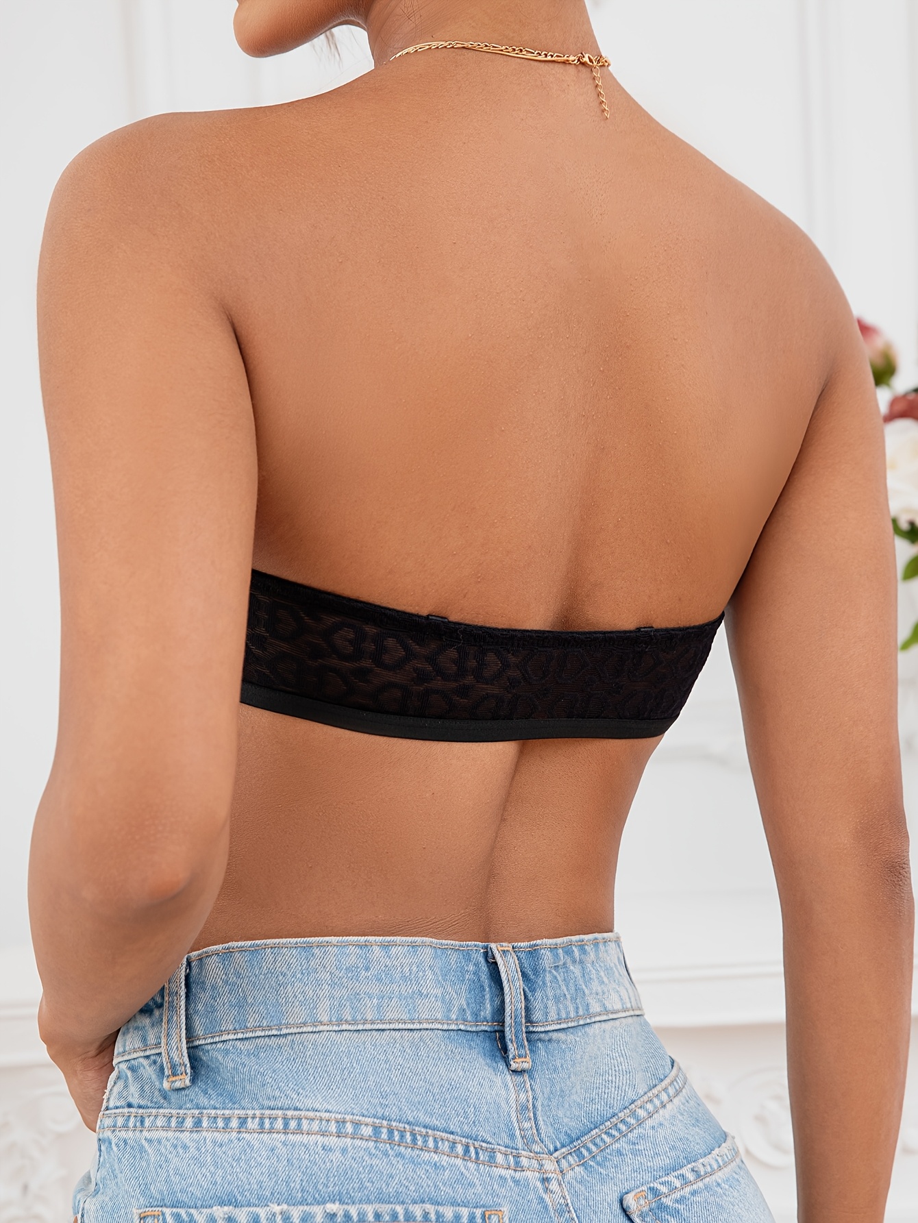 [Soft Touch] Chic Navy Blue Strapless Bandeau Bra with Heart Pattern - Sexy Front Closure, Push-Up Support, No Underwire, Soft Polyester & Elastane Blend, Hand Washable - Women's Lingerie