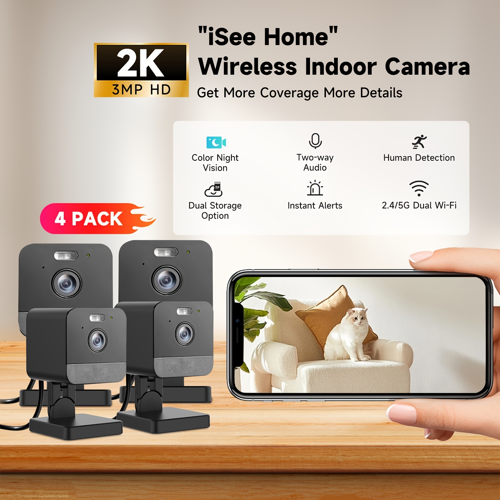 

4pcs Of 2k Wireless Home Security Camera For Baby Monitor, Motion Detection, 2-way & Siren, 2.4g/5g Wifi, Support & 256g Sd Storage, Indoor Cameras With Night Vision