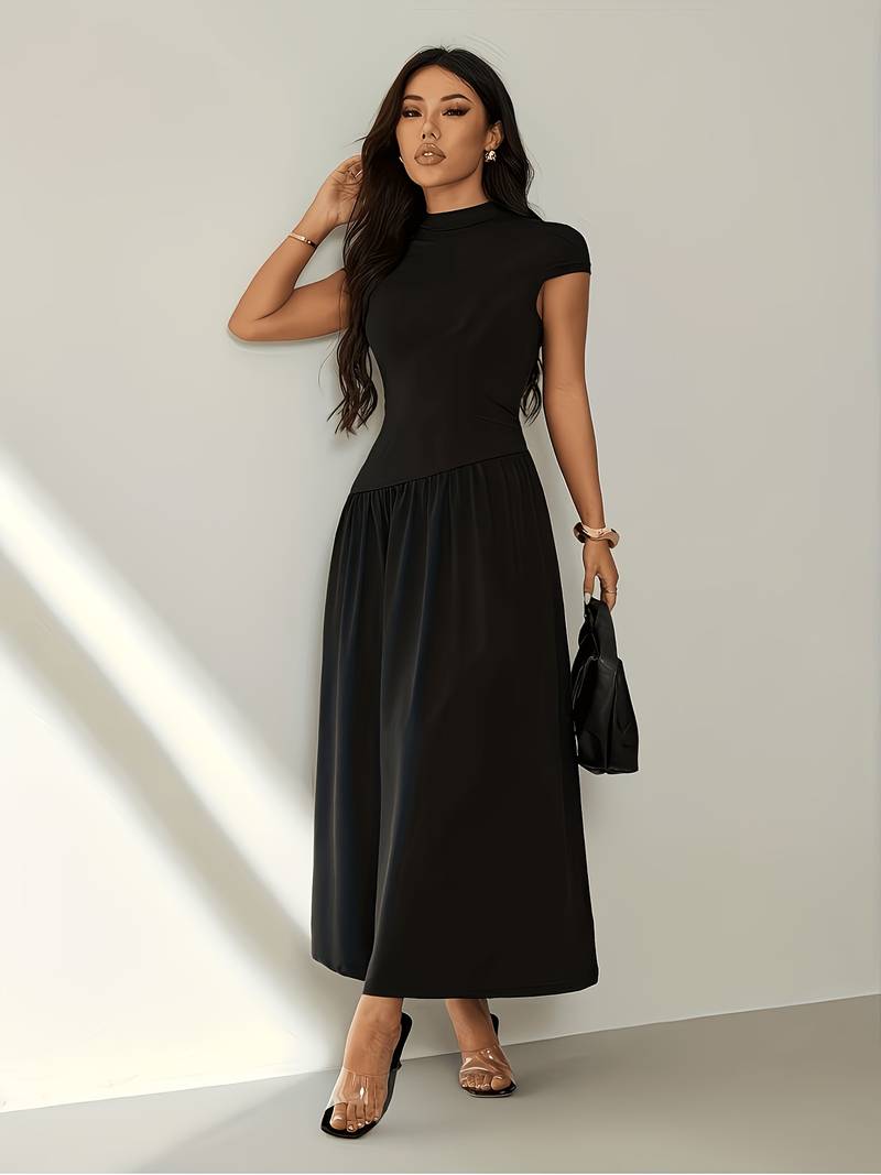 Women's Solid Color Stand Collar Puff Sleeve Pleated Long Casual Dress, Summer Dress