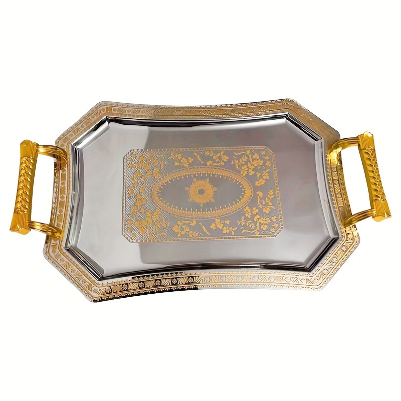 

Vintage Golden-patterned Stainless Steel Tray - Perfect For Ktv, Tea Sets & Hotel Serving