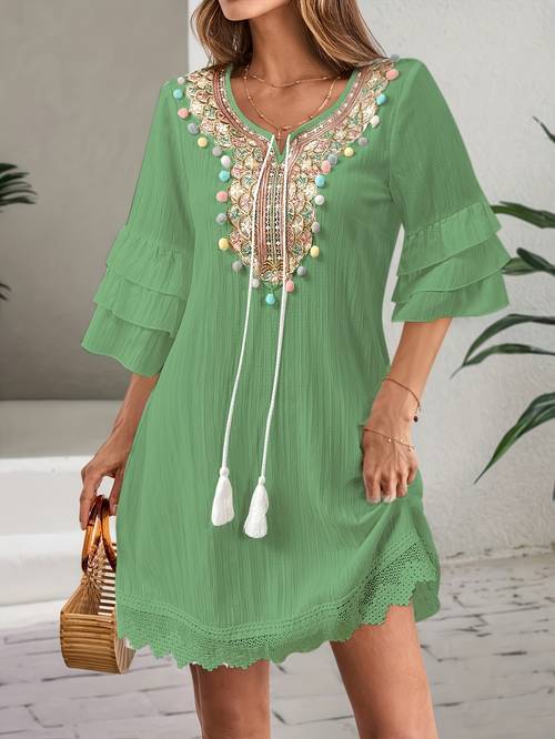 womens stylish v neck dress with colorful pom pom embellishments