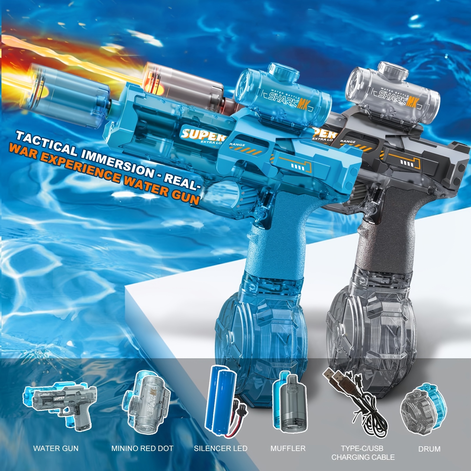 2pcs Electric Water Gun With Realistic Flame Mouth I Ultimate Battle Blaster I LED Flame I Summer Party Toy I Game Toy I Boys And Girls Gift Festival Gift I Birthday Gift