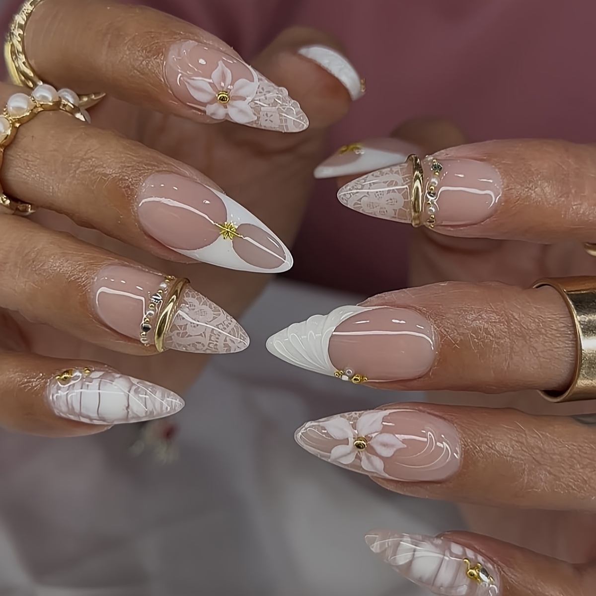 TEMU 24pcs Danartlux Almond Press On Nails Suitable For Brides Wedding Lace French Tip Rhinestone Nail Tips With Nude White , Reusable Fake Nails For