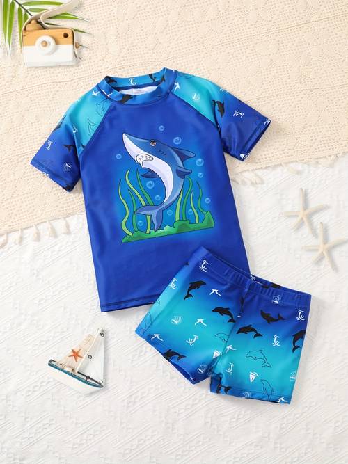 boys dry comfortable breathable stretch lightweight durable cartoon animal beach short sleeve two piece swimsuit
