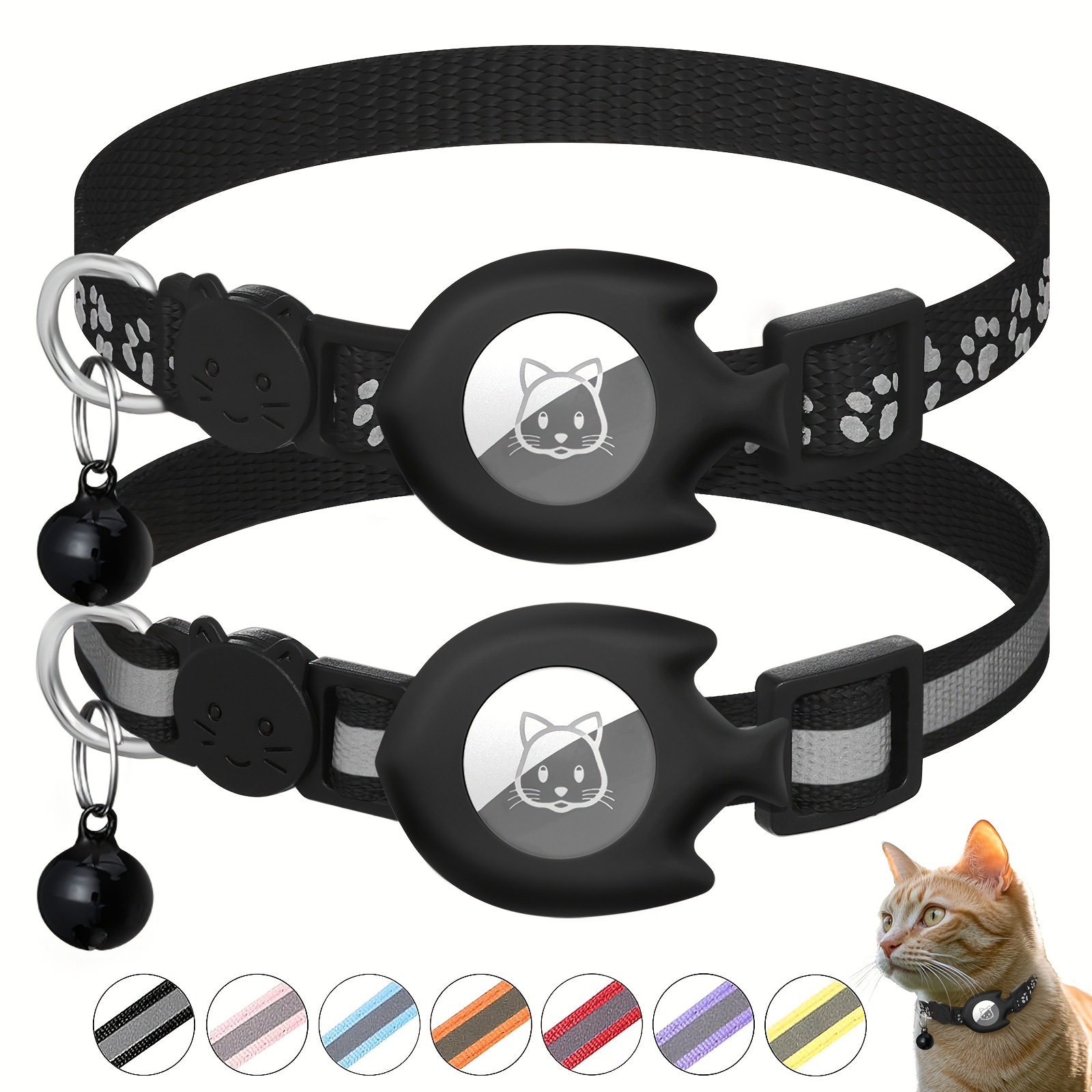 2pcs Cute Cat Collars, Fish-Shaped Holder Suitable for Airtag, Reflective, Breakaway, with Bell, Adjustable 17.78-30.48 cm, Safety Buckle, with Cat Collar Holder for Girl Boy Cats Pet Supplies, Gifts (Without Airtag), Without Battery - Image 2