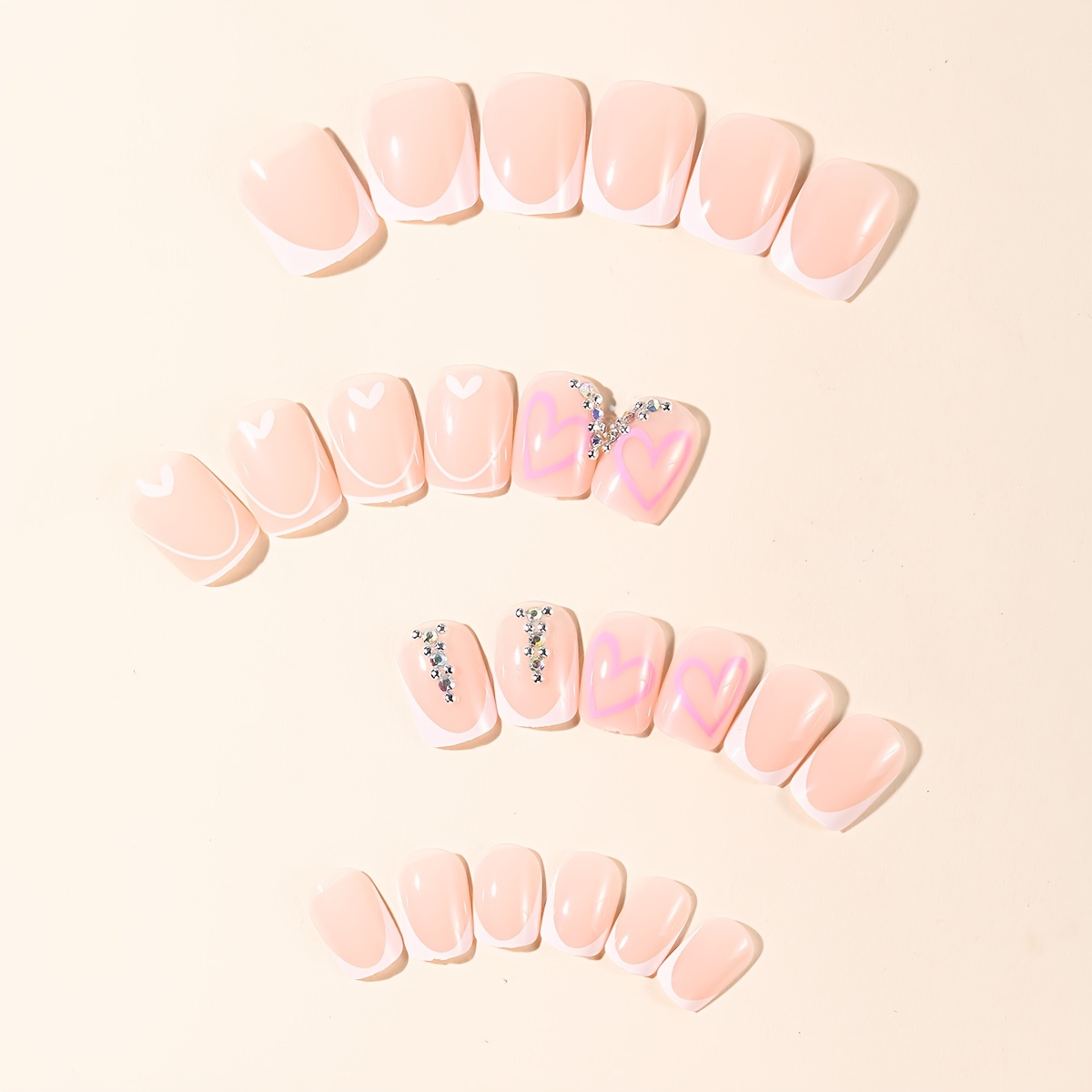 E-shop 24 Stück Valentinstag Nagel Kurz Quadratisch Weiß Doppel French Edge Pink Herz und Strass Dekor Design Vollständige Abdeckung Aufdrückbare