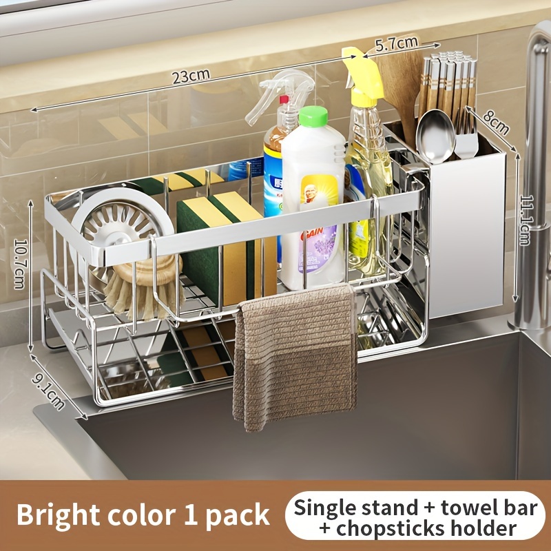 TEMU Stainless Steel Sink Organizer With Sponge Holder, Multi-functional Durable Cleaning Tool Storage, For Kitchen And Bathroom, Home Decor, 1pc