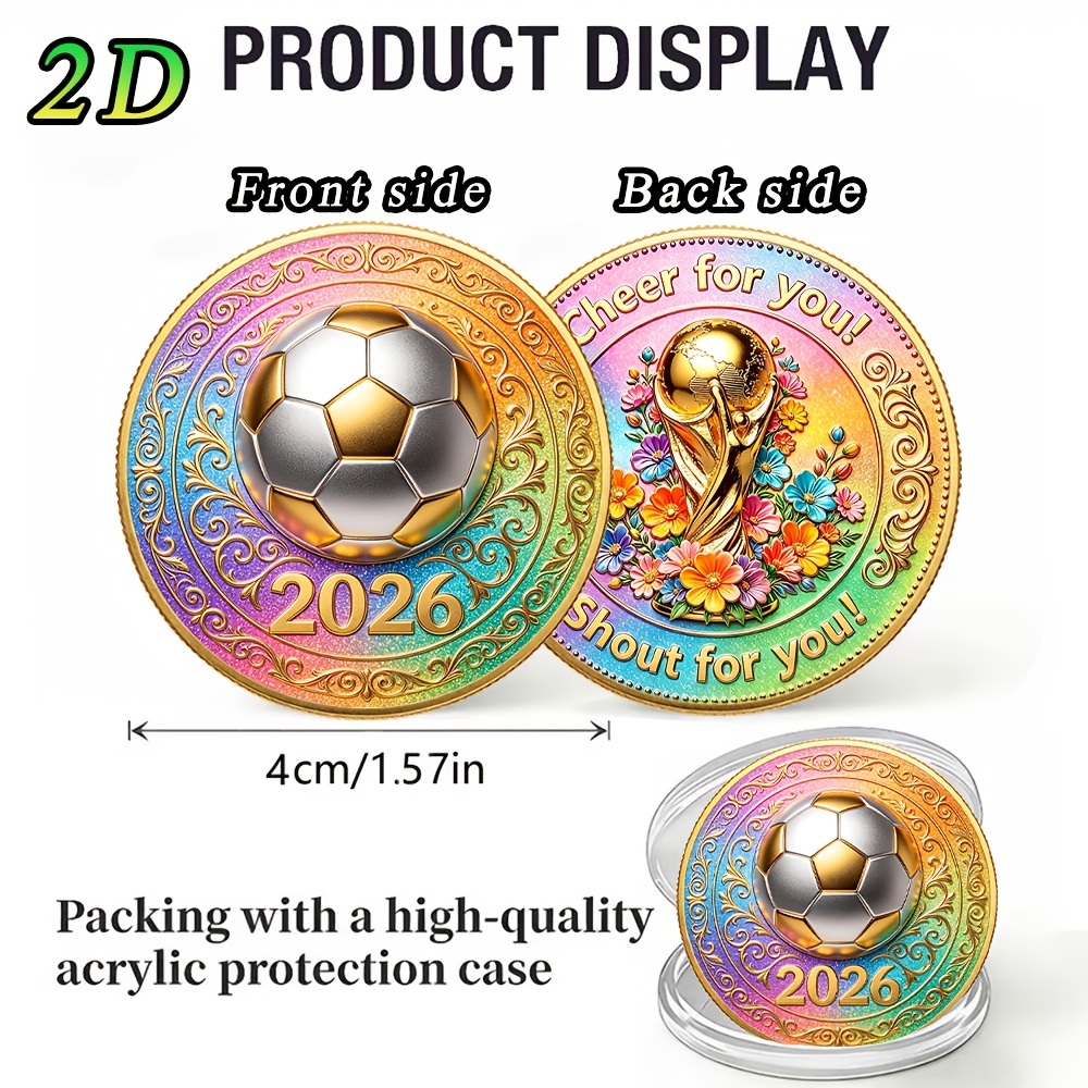 Image of 1pc, 2d, 2026 Football Commemorative Coin, Football Trophy Themed Commemorative Token Collection For Fans, Cheer For You, Support For You, Football Enthusiasts, Collectible Gift