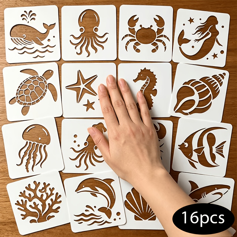 TEMU 16 Reusable Stencils, 3 Inches, Including Whale, Squid, Crab, Mermaid, Sea Turtle, Starfish, Seahorse, Conch Shell, Jellyfish, Dolphin, Coral,