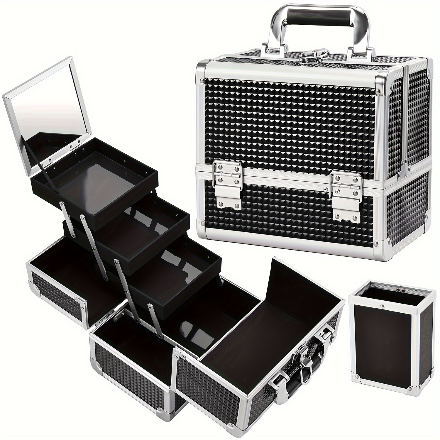 Diamond Pattern ABS Portable Aluminum Alloy Cosmetic Case with Tray Nail Polish Large Capacity Storage Box