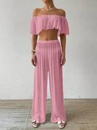 2 piezas conjunto top cortos volantes, de bambú y pantalones casuales para mujer, estilo , ropa