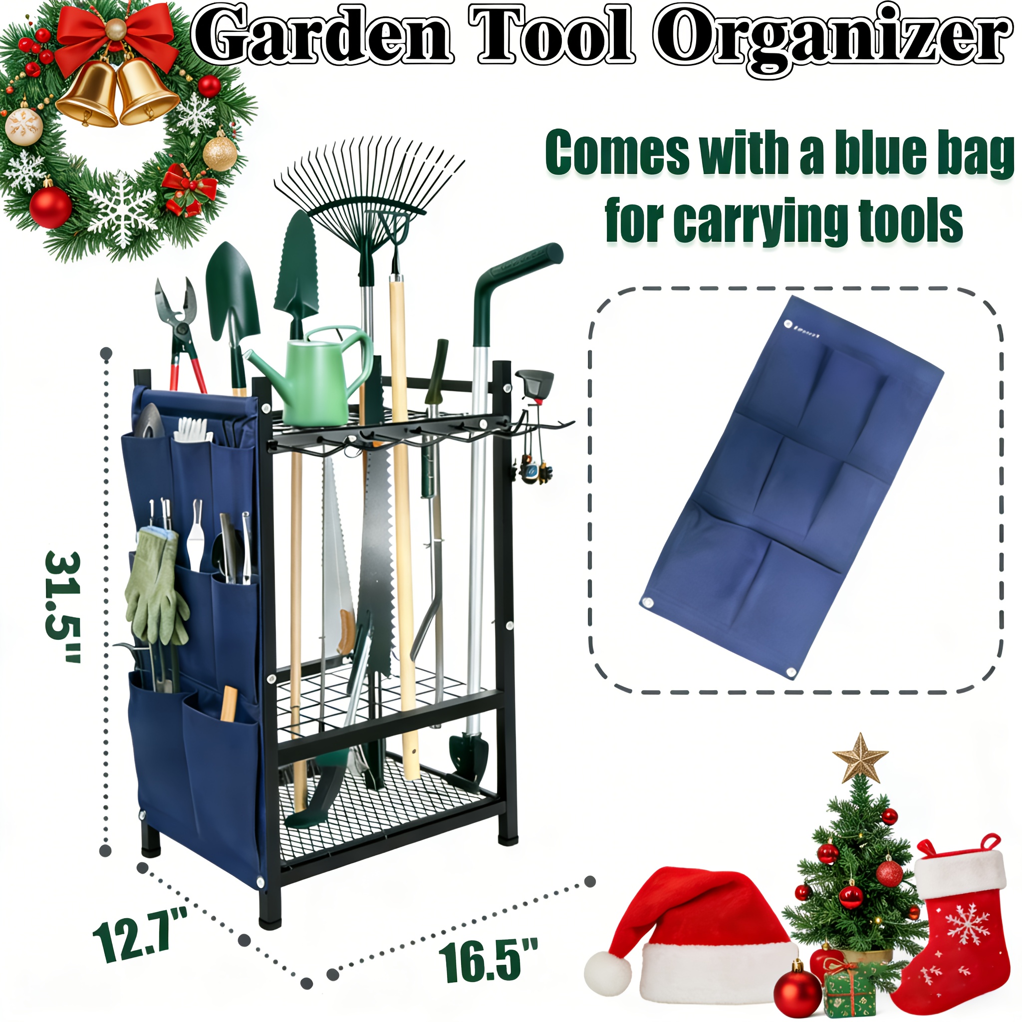 TEMU Heavy-duty Metal Garden Tool Organizer Rack With Hooks & Storage Pockets - Long-handled Tool Holder For Broom, Shovel, Rake - 3-tier Outdoor &