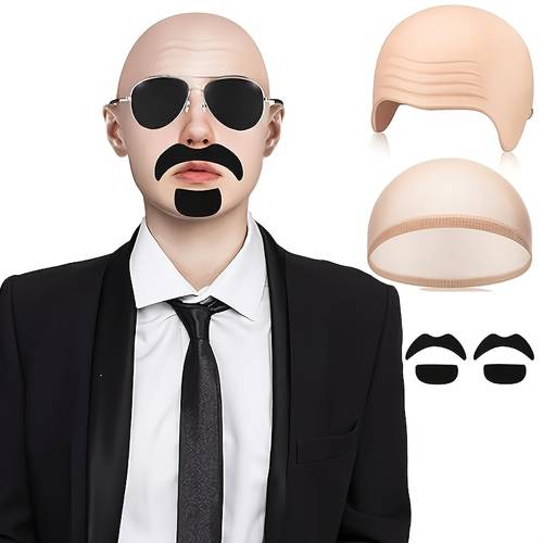 item picture bald cap accessories wrinkle bald caps and 2 mustache for women men costumes for halloween party makeup cosplay accessories