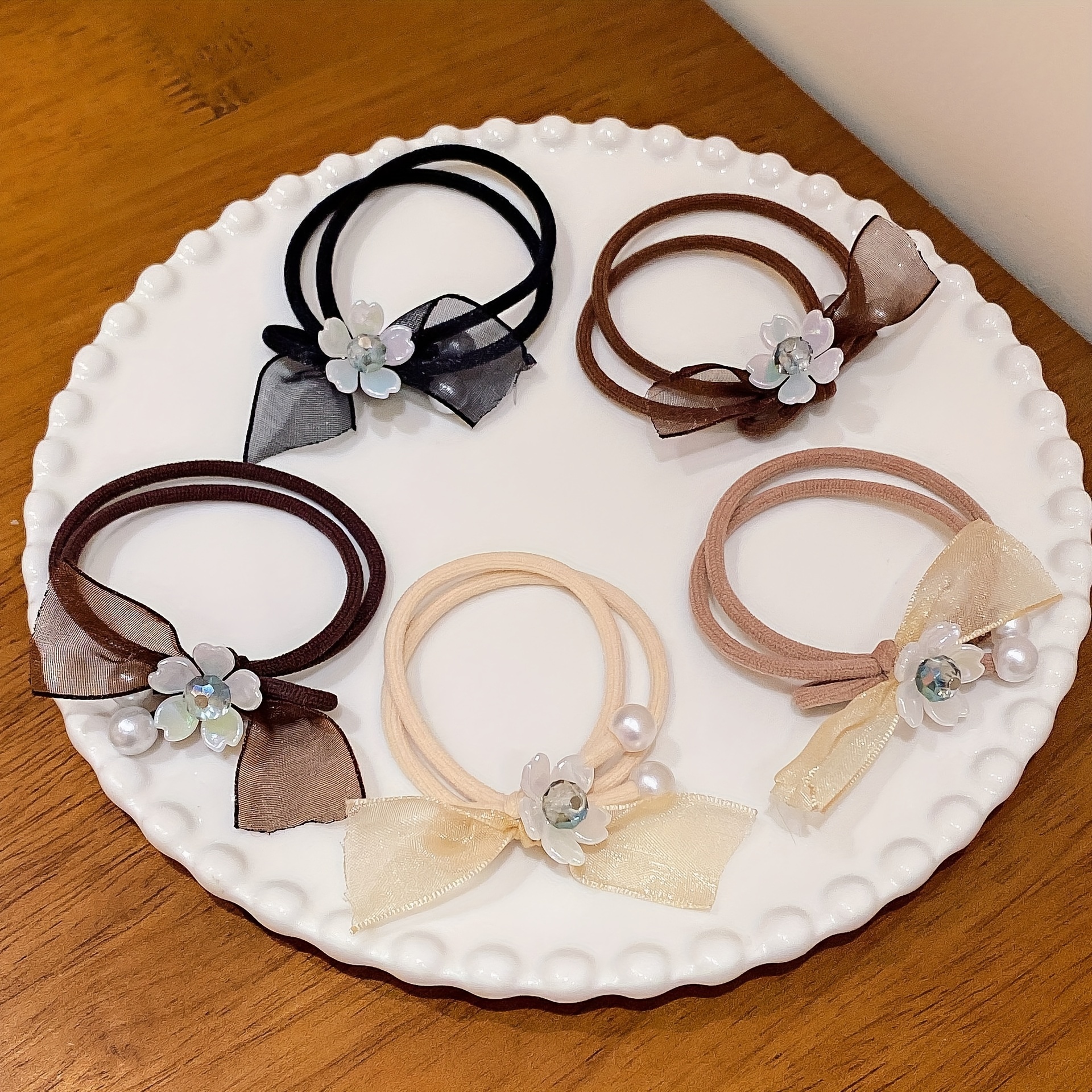 

5pcs Elegant Hair Tie Set With Pearls & Floral Accents - Chic French , Plastic, Hair Ribbon, Elegant