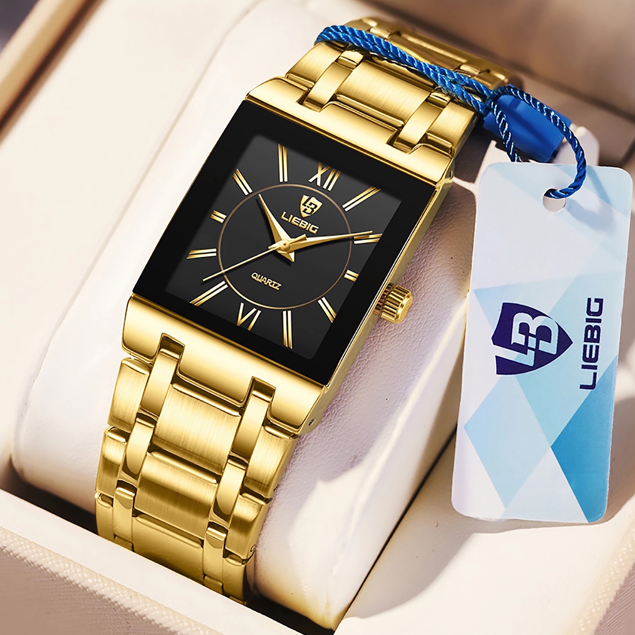 

Liebig Men Women Classic Square Business Quartz Watch Waterproof Golden Fashion Analog Steel Band Couple Watch