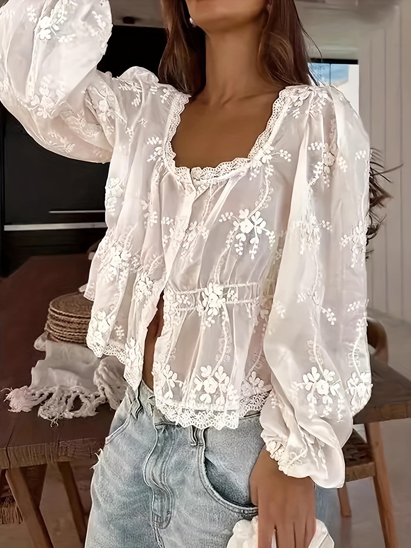 qd0516017 vintage lace lantern sleeve blouse autumn button - Temu