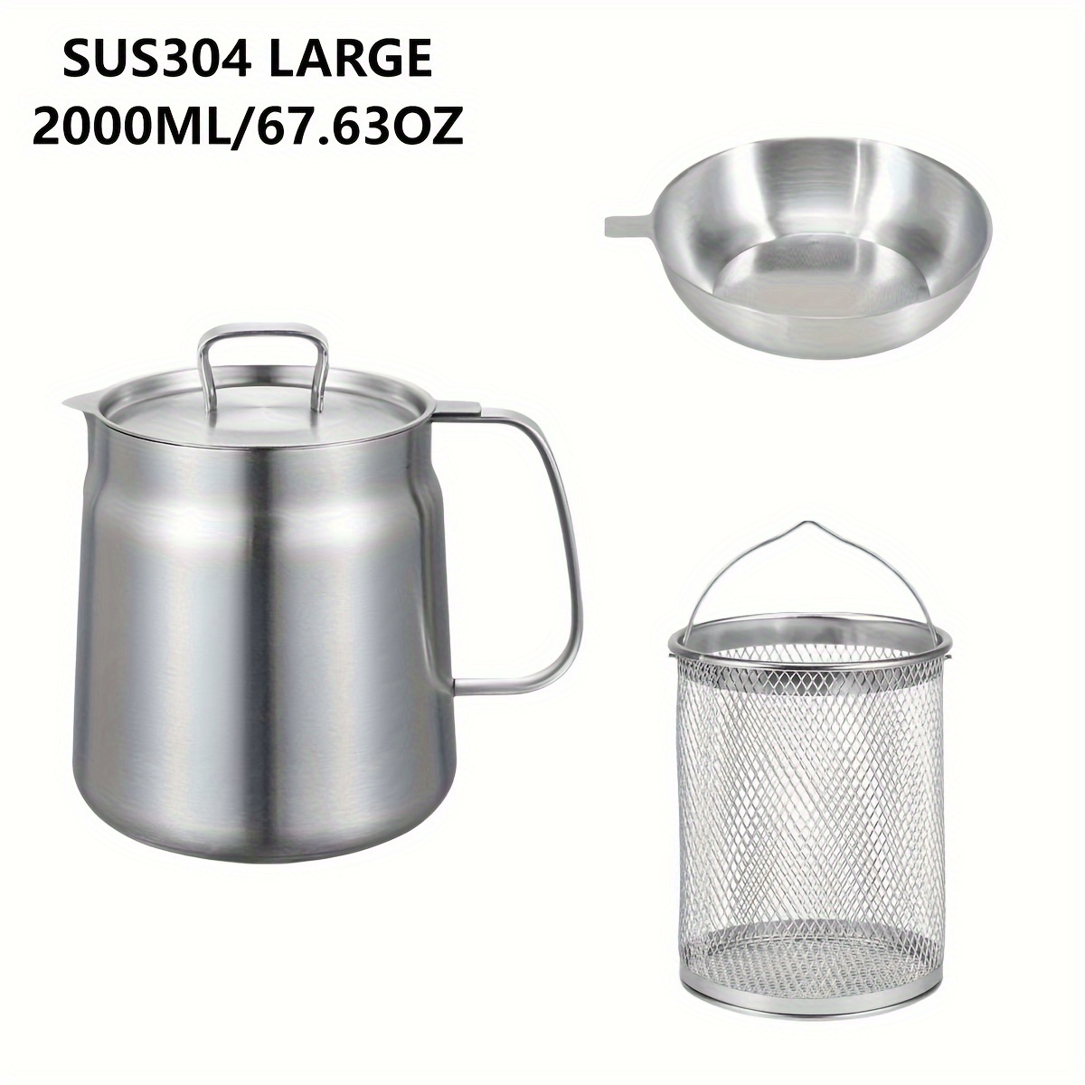 TEMU Stainless Steel Oil Strainer Filter - Multifunctional Large For , Frying Pot, , , Hot , - Sus304 Material, Health Storage Jar