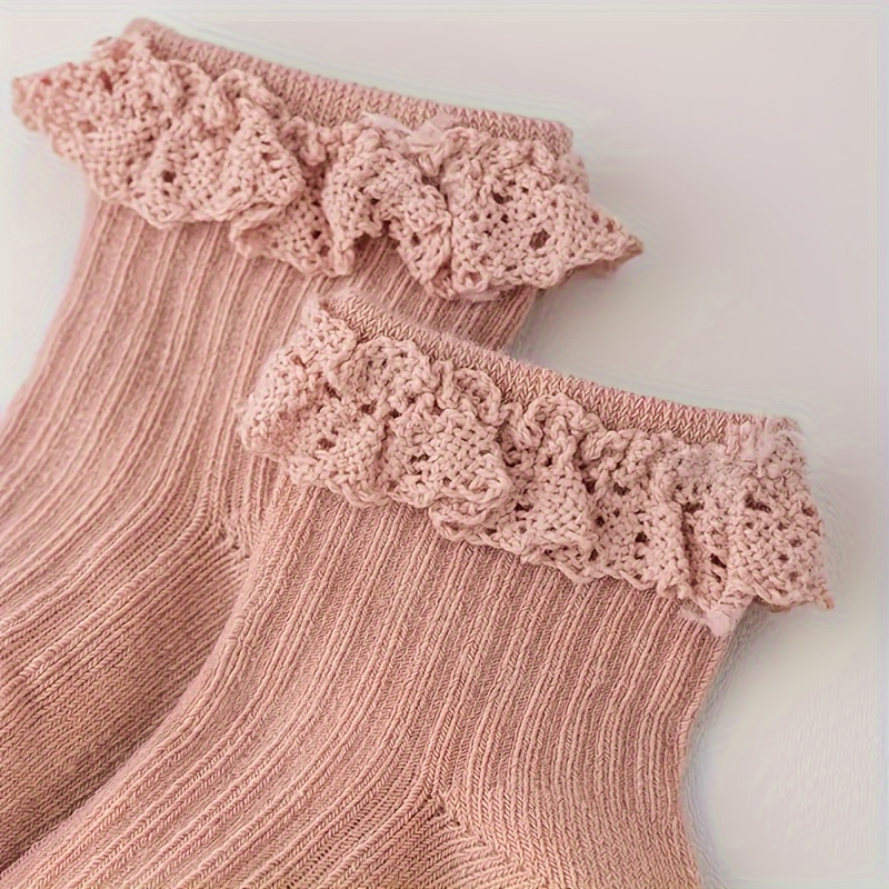 4 Pairs Youngsters' Princess Non-Slip Socks - Soft Knit Lace-Trimmed Toe & Heel, Breathable All-Season Floor Socks for Girls, Valentine'S Day Gift (Pink, White, Light Blue), Baby Socks, Playful Baby Design, Ribbed Texture