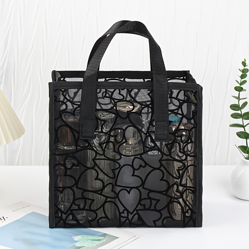 Image of Black Mesh Heart Pattern Tote Bag – Lightweight, Breathable Travel & Beach Organizer With Dual Handles, Cosmetic Storage, And Stylish Cut-out Design, Beach Bag