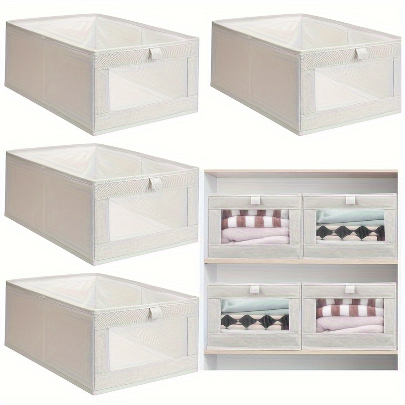 

4 Pcs Linen Foldable Clothes Storage Box, Household Sundries Storage Basket With Viewing Window, Toy Snack Organizing Box, Wardrobe Underwear Socks Storage Box, Off-white