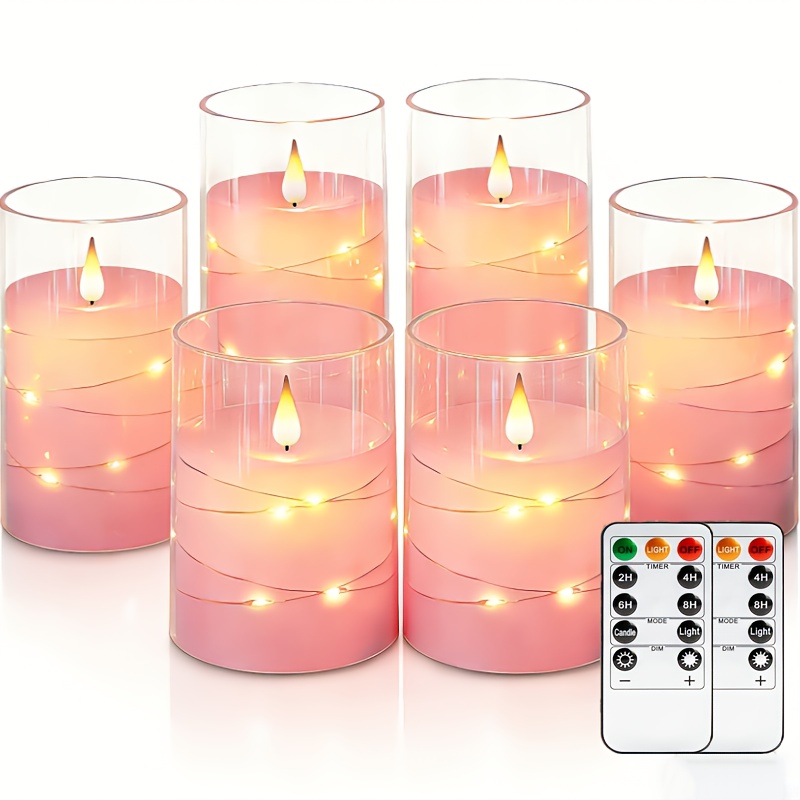 TEMU A Set Of 6 Flickering Flameless Candles With String Lights, Battery-operated, Featuring Built-in Led Candles And A Remote Control, In Pink