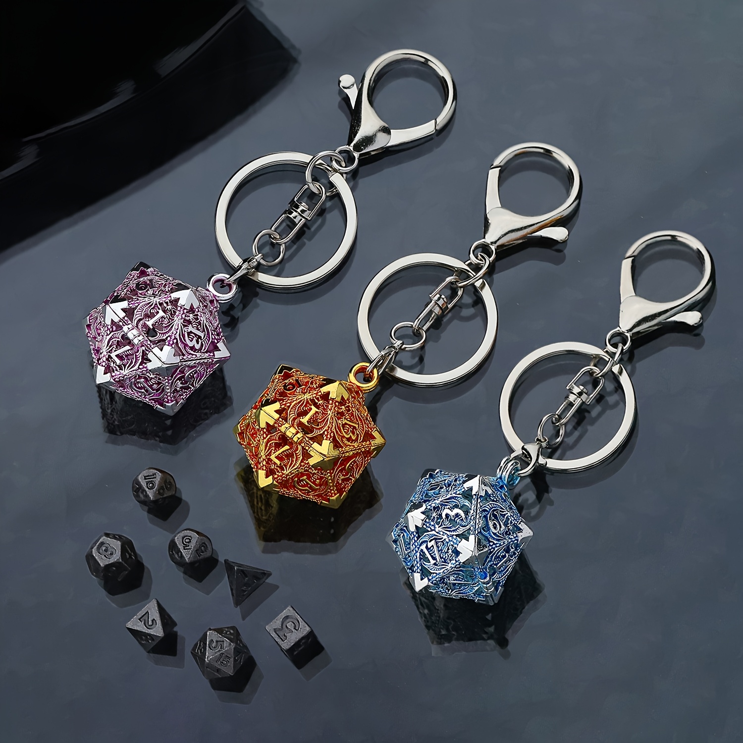 

Metal Dragon Hollowed Out Mini 6mm Dice Key Chain Pendant Set Running Group Board Game Dice