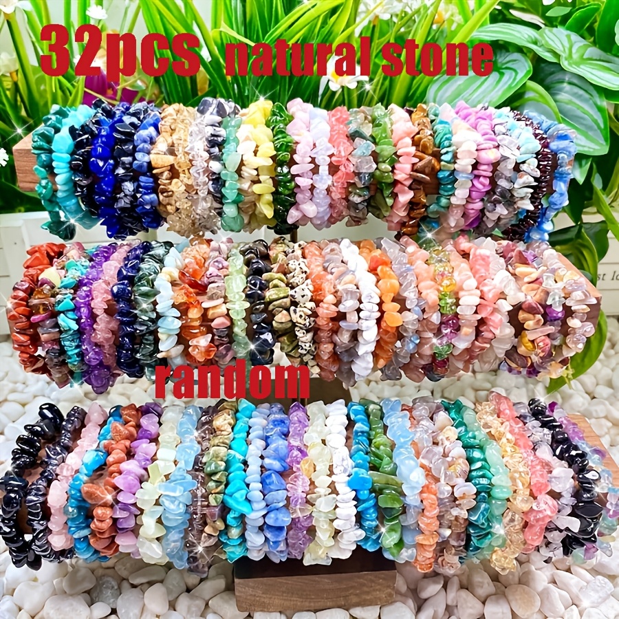 TEMU Set Of 32 Natural Stone Chip Beaded Bracelets, Featuring A Random Assortment Of Boho Stackable Designs With Stone Beads. Multicolored Elastic