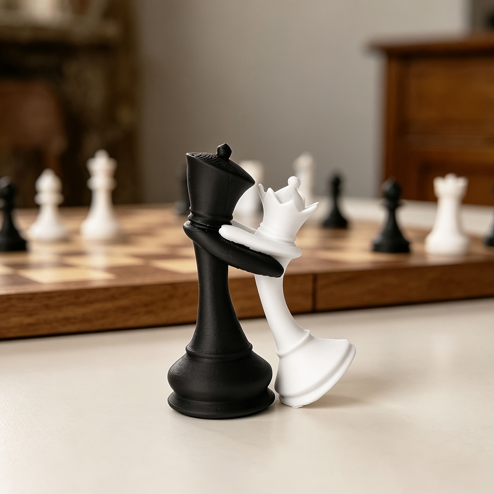 TEMU 1pc 3d Printed Hugging Chess King And Queen Ornament, Black And White 3d , Retro Literary Desktop Decoration, Office Desk, Living Room Entrance