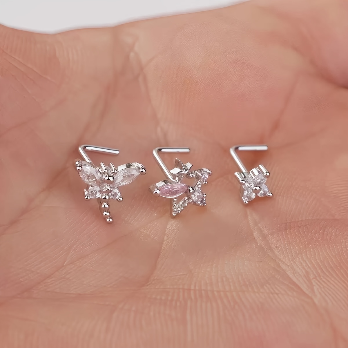 TEMU 3pcs Elegant Style Nose Stud Set, Women's Pentagram Design Synthetic Zirconia Nose Ring, High-quality Stainless Steel 7-shaped Body Piercing