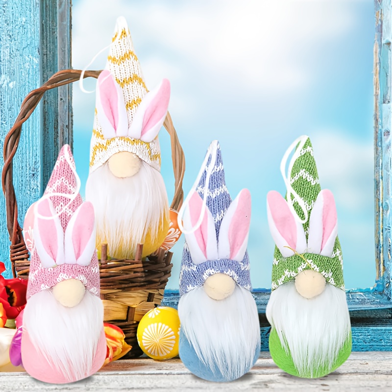 

4-pack Easter Plush Hanging Decorations, Old Man Dolls With Easter Egg Accents, Chambray Rabbit Stuffed Gnomes For Easter Gift, Tabletop Home Decor, No Electricity Needed