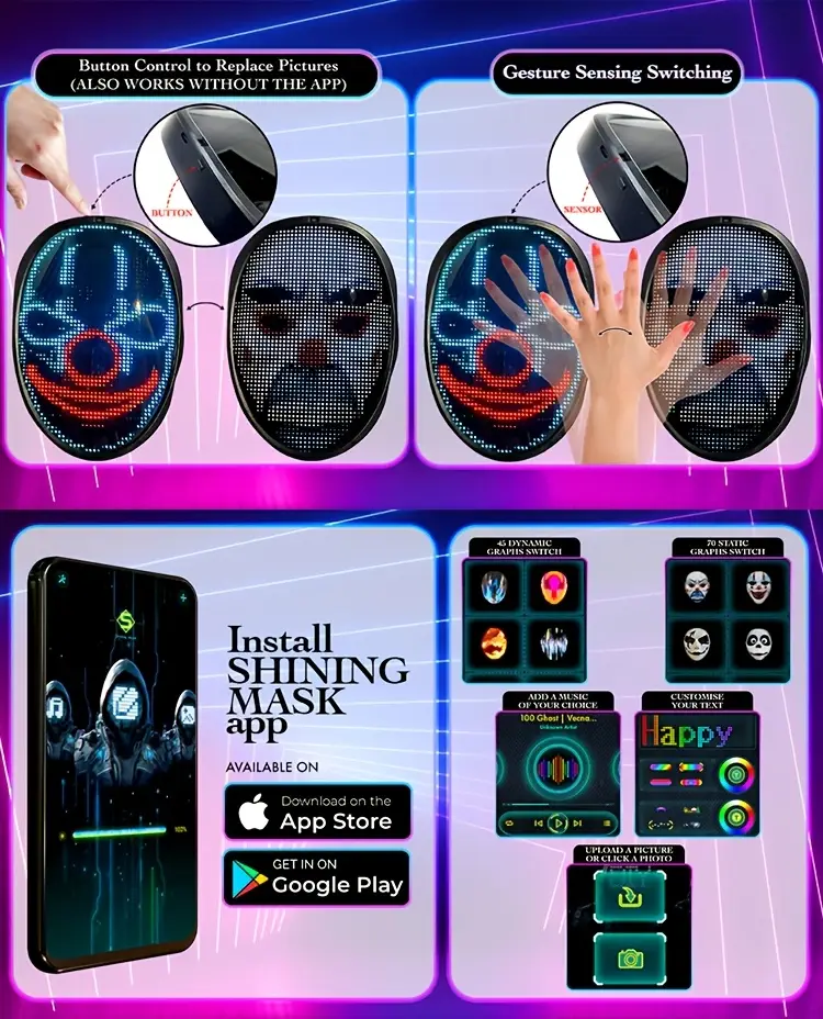 led mask with app control & gesture sensing - programmable party mask, real-time lighting effects, compatible with smartphone, for halloween, christmas, cosplay, carnival - adult costume party mask (batteries not included) - ideal for djs, , event decorations, halloween mask, festive event accessory, vibrant light display, durable plastic body details 1