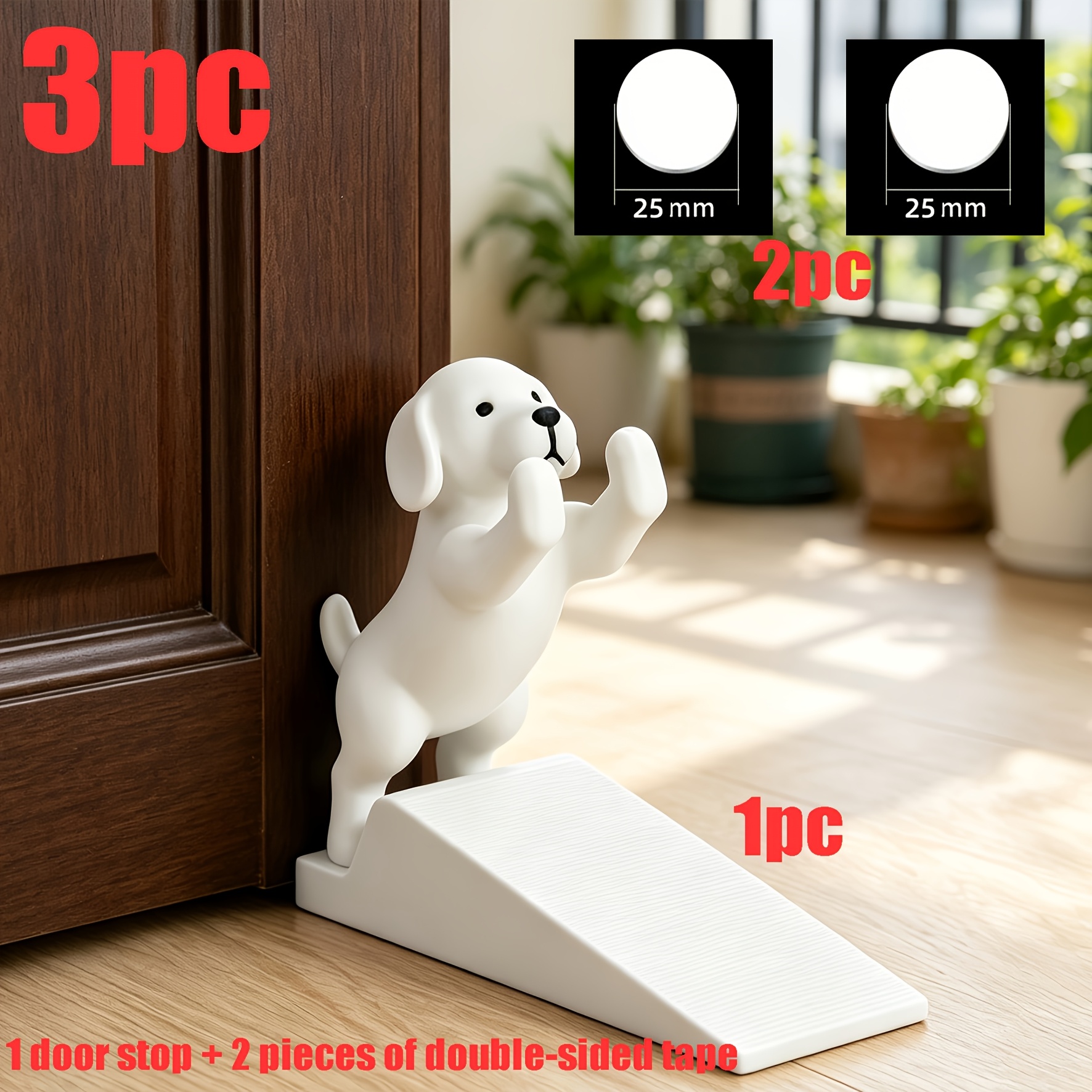 TEMU 3pcs Cute Puppy Door Stop Set, Includes 1 And 2 Double-sided Adhesive Pads. Features -dimensional Labrador Design, With A Non-slip Ramp To Hold
