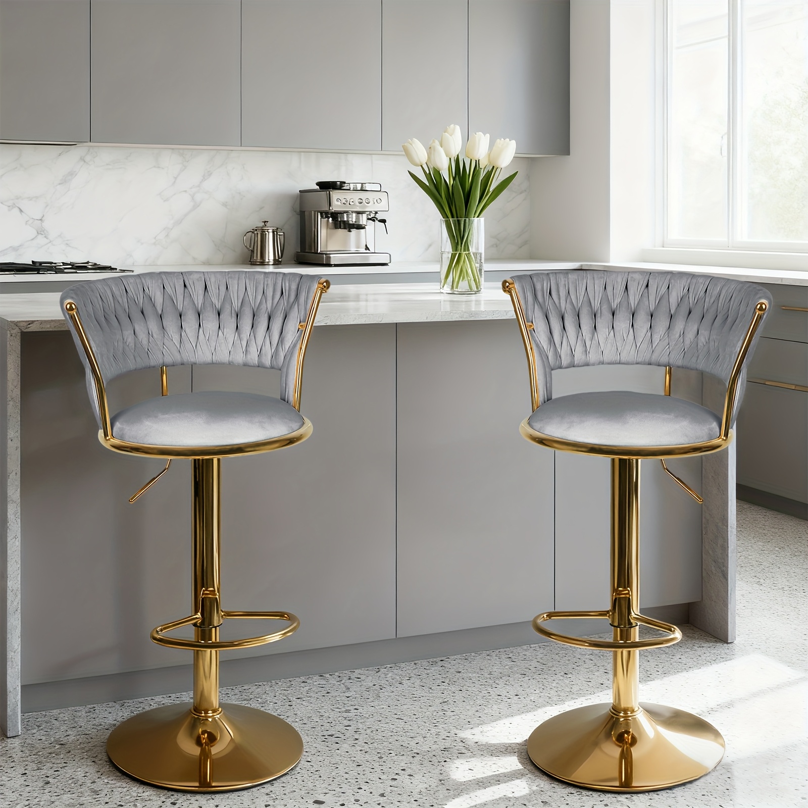 Image of Pair Of Velvet For Bar Stools, For Bar Chairs, Lounge Seating, Tall Chairs, Height Adjustable, Swivel Function, Ideal For Bars And Living Areas, Gray Color
